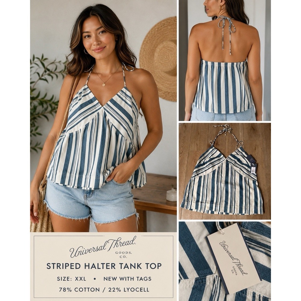 Universal Thread Blue White Striped Halter V-Neck Tie Strap Tank Top XXL
